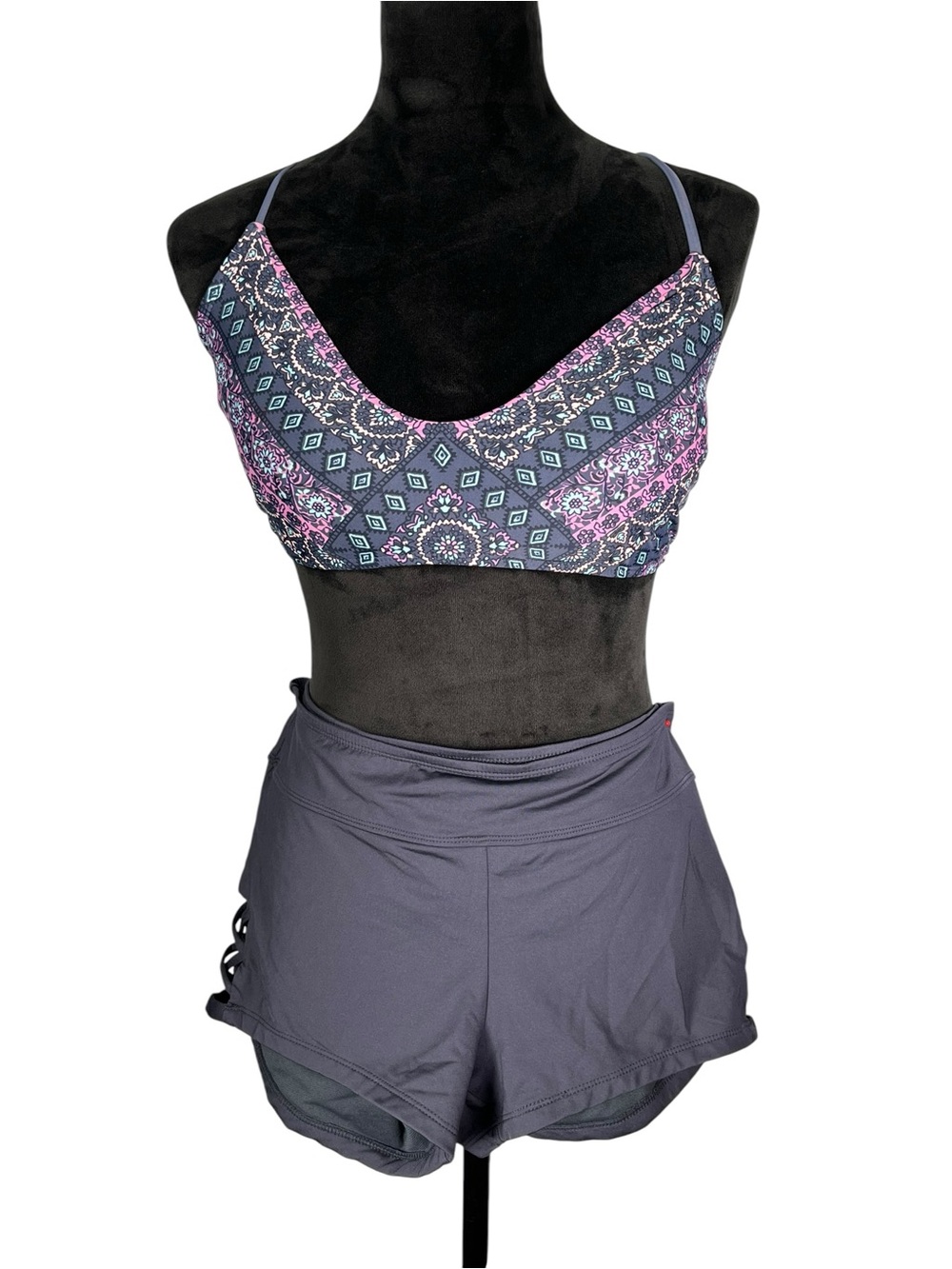 Blue Bikini Patterned Bandeau Swim Top with Boy Shorts Bottoms Purple & Pink